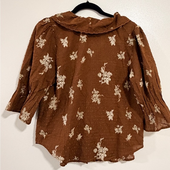 Anthropologie style Womens Brown Floral Ruffle Blouse S Cotton Swiss Dot Pintuck - Picture 5 of 14